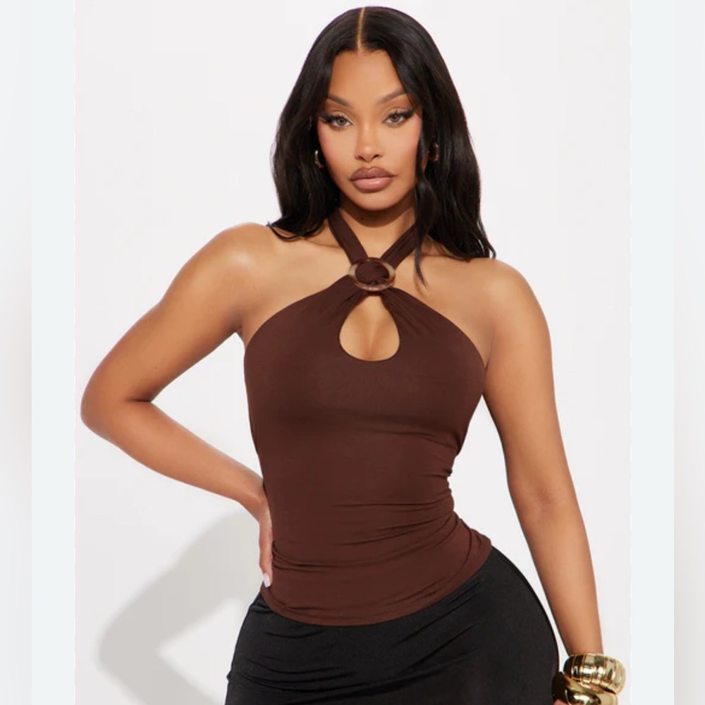 Beige Black Y2K Halter Top with Boho Buckle Detail - Picture 4 of 7